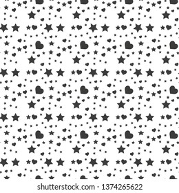 Seamless pattern with black hearts and stars on white background. Vector illustration