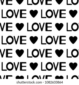 Seamless pattern from the black  hearts and words love. Vector illustration