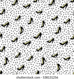 Seamless pattern with black heel shoe. Cute vector art in badges, stickers, pins, patches style, inspired by cartoon comic style of 80s-90s.