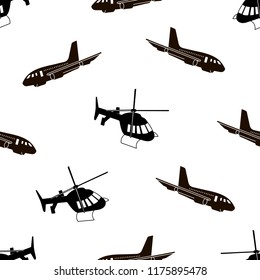 Seamless pattern with black helicopters and planes on the white background. Vector illustration
