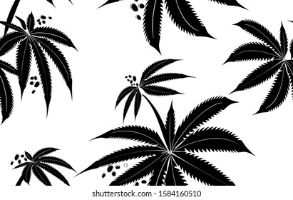 Patrón transparente con ramas negras de cáñamo sobre fondo blanco. 
Hojas de cannabis con semillas. Decorativo adorno floral. Impresión natural. Ilustración vectorial EPS10. 