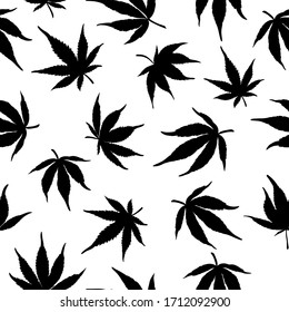 Nahtlose Muster schwarzer Hanfblätter auf weißem Hintergrund. Marihuana-Muster. Vektorillustration.