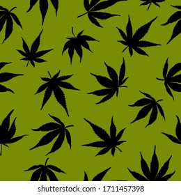 Seamless pattern of black hemp on a green background. Marijuana pattern. Vector illustration. 
