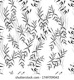 Seamless pattern of black herbs and leaves. Vector illustration.