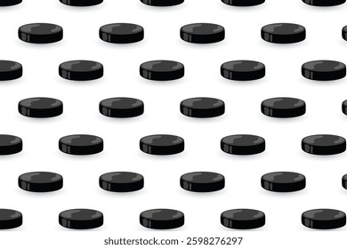Seamless pattern of black hockey pucks on a white background. Perfect for sports designs, wallpapers, and fabric prints.