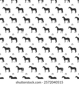 Seamless pattern of black horse silhouettes and horseshoes on a white background, creating an elegant equestrian design