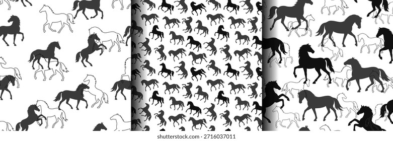 Patrón sin fisuras con siluetas de caballo negro en movimiento sobre fondo blanco. Fondo de pantalla sencillo con estampado equino repetitivo para el Año del Caballo 2026. Diseño de fondo sin fin, textil, papel de embalaje