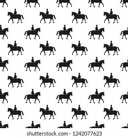 Seamless pattern with black horseman on a horse on a white background.