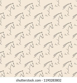 Seamless pattern with black horses, beige background. Realistic vector illustration.