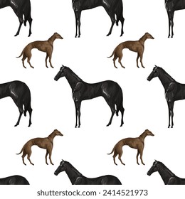 Seamless pattern with black horses and dogs. Vector.