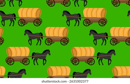 a seamless pattern of black horses pulling hay wagons on a vibrant green background, evoking pioneer day and traditional farming themes