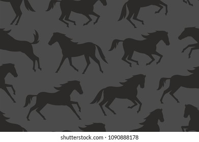 Seamless pattern with black horses silhouettes. flat style. isolated on black background