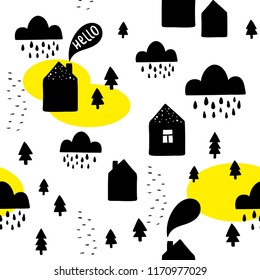 Seamless pattern with black houses on the white background. Vector illustration in scandinavian style for decorating.