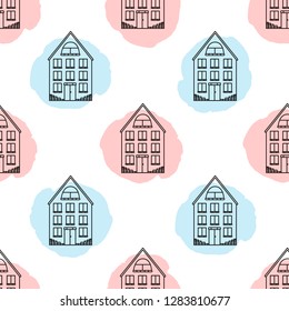 Seamless pattern with black houses and soft colored dots. Vector illustration.