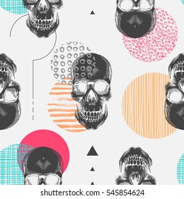 Seamless pattern with black human skulls and colorful circles of different textures. Modern and creative backdrop. Vector illustration in pop art style for wallpaper, wrapping paper, textile print