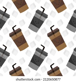 seamless pattern of black iced coffee and cappuccino iced coffee with a cheerful face, on a white background