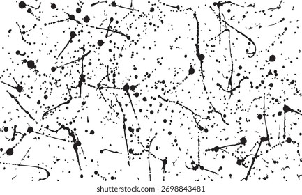 Nahtloses Muster mit schwarzen Tintenklecksen und Spritzer. Abstrakter Vektorhintergrund mit Farbspritzer, Tropfen und Schmutzspritzer für kreatives Oberflächendesign.