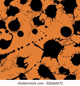 Seamless pattern with black ink drop on orange. Vector illustration