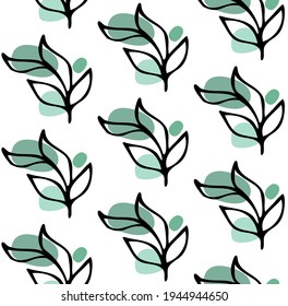 Seamless pattern with black ink floral leaves hand drawn doodle and abstract round shape in blue green tones on white. Classic background, textile print ornament, fashion design vector element.
