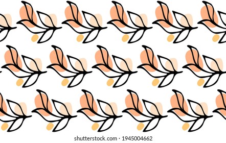 Nahtloses Muster mit schwarzen Blumenblättern, handgezeichnet doodle und abstrakte runde Formen in rosafarbenem Beige auf Weiß. Klassischer Hintergrund, Stoffdruck-Ornament, Modedesign, Vektorelement.