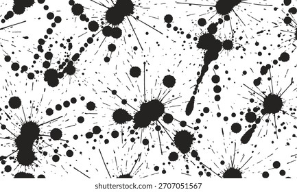 Patrón sin fisuras de salpicaduras de tinta negra sobre un fondo blanco, creando un diseño dinámico y abstracto.
