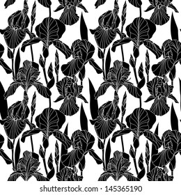 Seamless pattern with black iris flower on white background. Vector background.