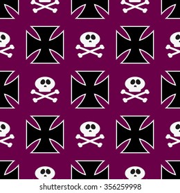 Seamless pattern with black iron cross and sculls, biker and goth theme