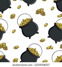Seamless pattern with black iron leprechaun cauldron with golden coins money savings on white background. Hand drawn vector sketch illustration, textile, print, Saint Patrick's day, fortune, wealth
