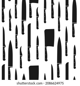 Seamless pattern of black kitchen knives on white background. Vector illustration