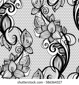 Seamless pattern black lace background. Old vintage lace texture, floral ornament with butterfly, swirls and curls, and leaves. Perfect for invitation or greeting card, wallpaper, textile, interior.