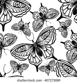 Seamless pattern of black lace silhouettes of butterflies on white background, hand drawn illustration.