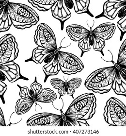 Seamless pattern of black lace silhouettes of butterflies on white background, hand drawn illustration.
