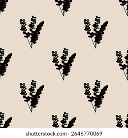 Seamless pattern of black lavender flowers with leaves on taupe background. Ideal for textile, home decor, banner, cover, etc