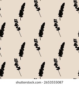 Seamless pattern of black lavender flowers with leaves on taupe background. Ideal for textile, home decor, banner, cover, etc