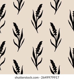 Seamless pattern of black lavender silhouettes on beige background. Ideal for textile, home decor, banner, cover, etc
