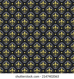 Seamless pattern with black leather upholstery, golden fleur de lis. Vector background.