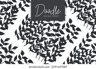 Seamless pattern with black leaves and branches on white background.