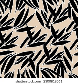 seamless pattern of black leaves cream background