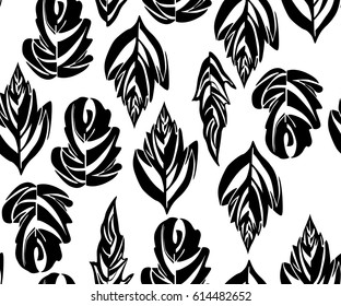 Seamless pattern with black leaves monochrome elements.