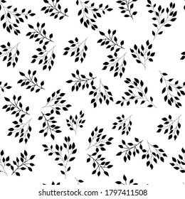 Seamless pattern black leaves on a white background. Design repetition to make fabric, paper, copybook, packaging.