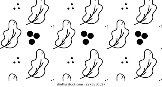 Seamless pattern with black leaves on a white background. Doodle vector illustration