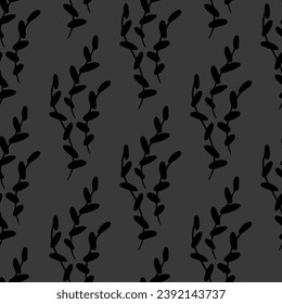 Seamless pattern with black leaves on deep grey background. Textile print