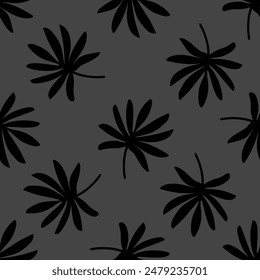 Seamless pattern with black leaves on grey background. Tropical leaves. Vector print