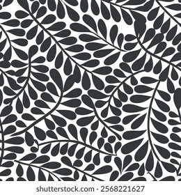 Seamless pattern with black leaves on branches.