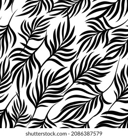 Patrón sin foco de hojas negras. Diseño de verano con impresión. Antecedentes de la naturaleza. Ilustración vectorial dibujada a mano. Diseño de vectores para papel, tela, textiles, embalaje.