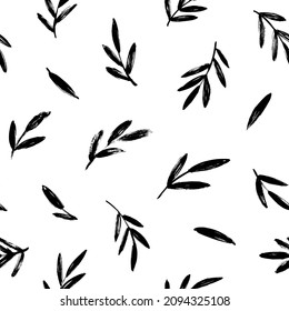 Seamless pattern with black leaves. Vector abstract plant motif with foliage. Hand drawn twigs silhouettes. Palm branches, tropical pattern, floral background. Branch with leaves ornamental texture.