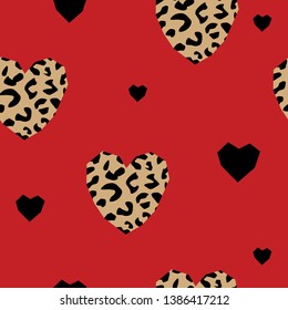 Seamless pattern with black and leopard hearts