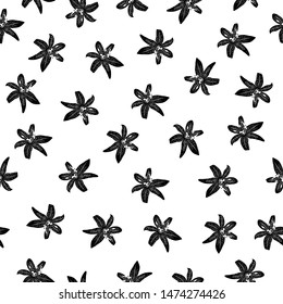 Seamless pattern with black lilies on white. Floral monochrome background.