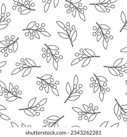 Seamless pattern with black line art branches on white background. Good for fabric, wallpaper, packaging, textile, web design. Vector illustration