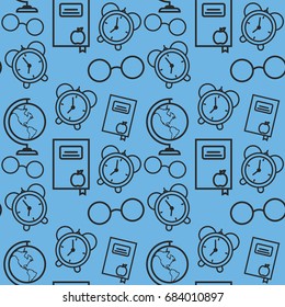 Seamless pattern with black line art icon of alarm clock, notebook, glasses, globe on blue background. Vector illustration. Background for wallpapers, prints, gift wrap and scrapbook. Back to school